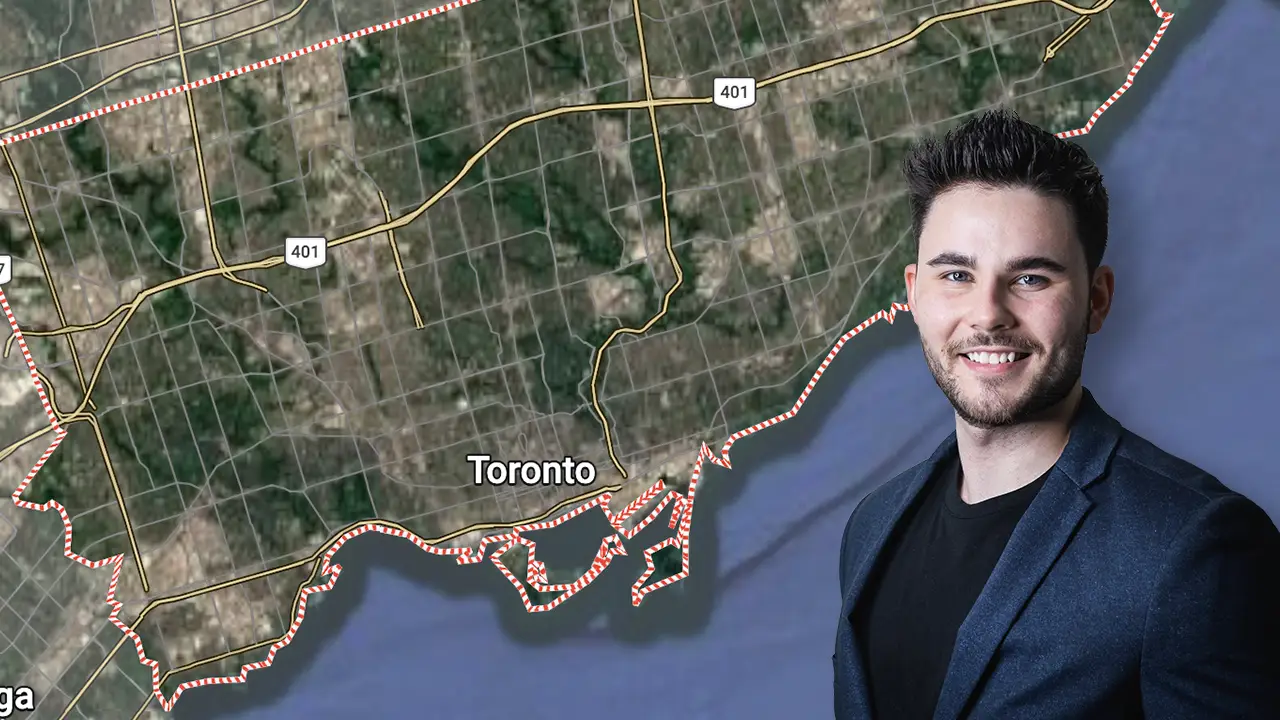 An image of toronto real estate agent Marco Pedri as an overly over a map of Toronto.